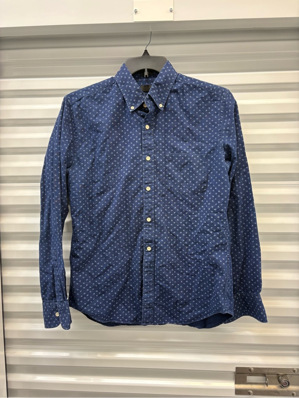 J.CREW Blue White Geometric Woven Button-Up Shirt Pockets Men's Size M